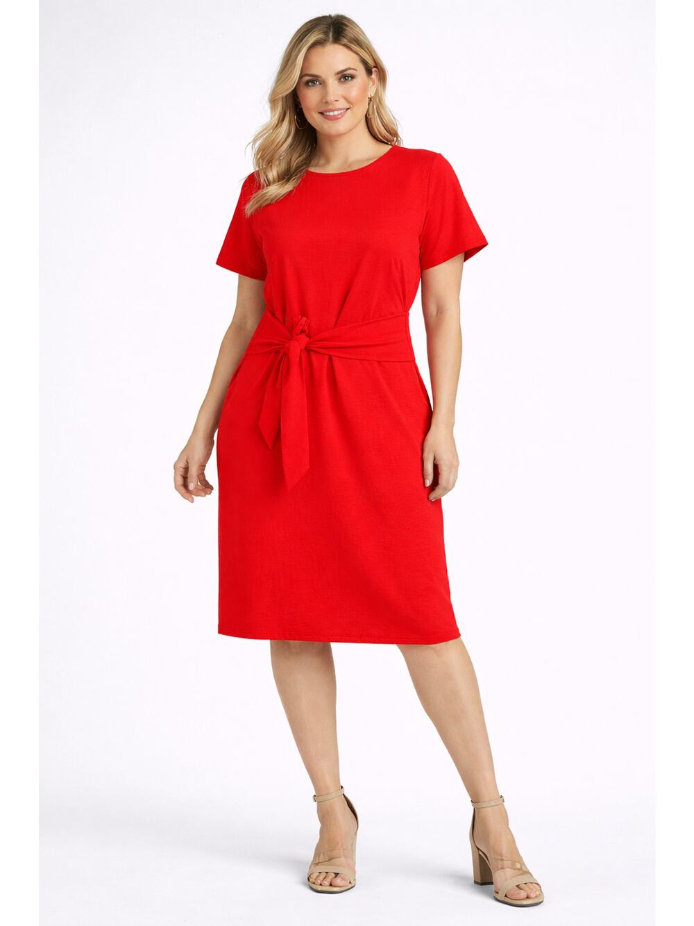 Chetta B Crinkle Tie Front Knee Midi Dress Orange Red Womens Size Large New